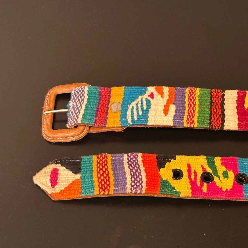 Vintage Artisan Woven Leather Belt Colorful Southwestern  Size 34 (74in)